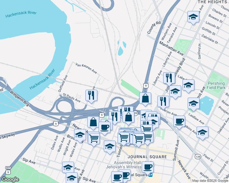 map of restaurants, bars, coffee shops, grocery stores, and more near in Jersey City