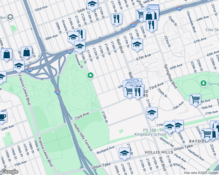 map of restaurants, bars, coffee shops, grocery stores, and more near 67-51 212th Street in Queens