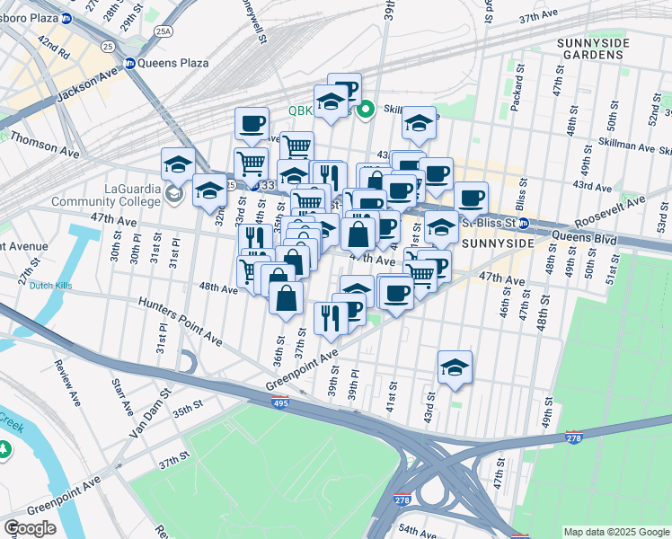 map of restaurants, bars, coffee shops, grocery stores, and more near 47-17 38th Street in Queens