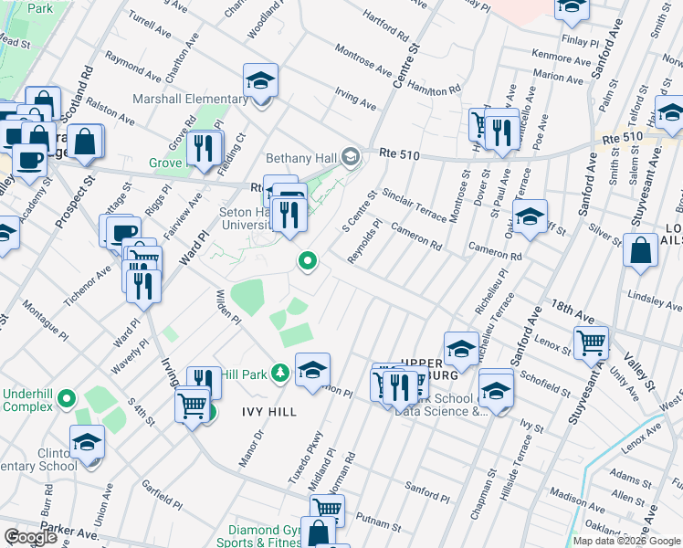map of restaurants, bars, coffee shops, grocery stores, and more near 101 Woodbine Avenue in Newark