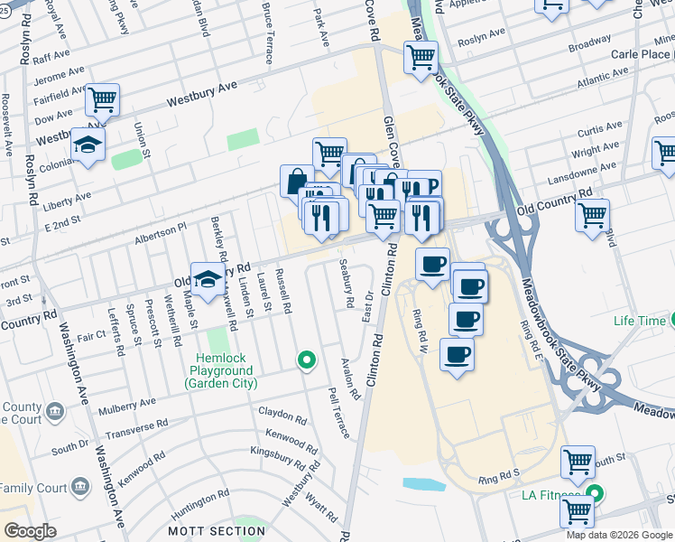 map of restaurants, bars, coffee shops, grocery stores, and more near 14 Seabury Road in Garden City