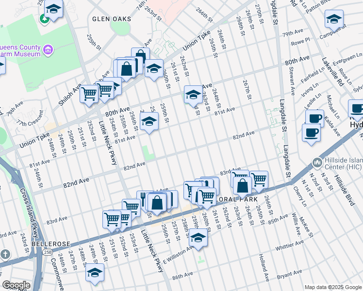 map of restaurants, bars, coffee shops, grocery stores, and more near 81-50 260th Street in Queens