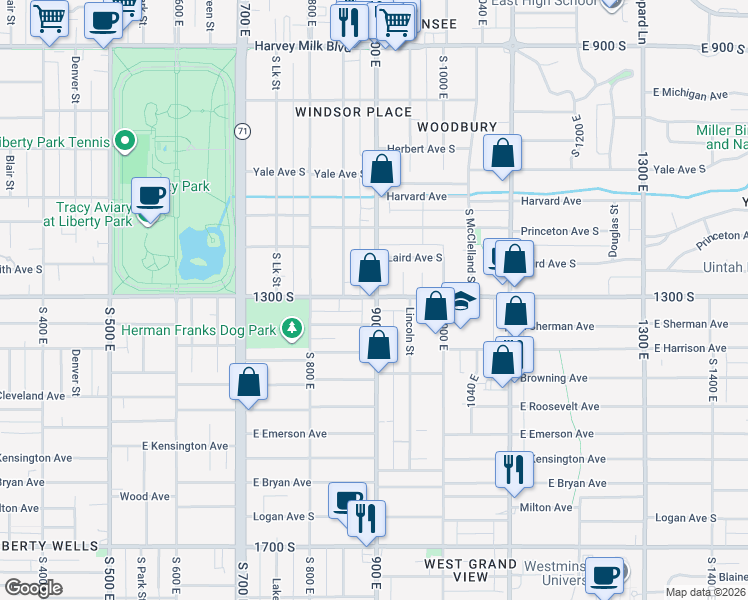 map of restaurants, bars, coffee shops, grocery stores, and more near 1302 900 East in Salt Lake City