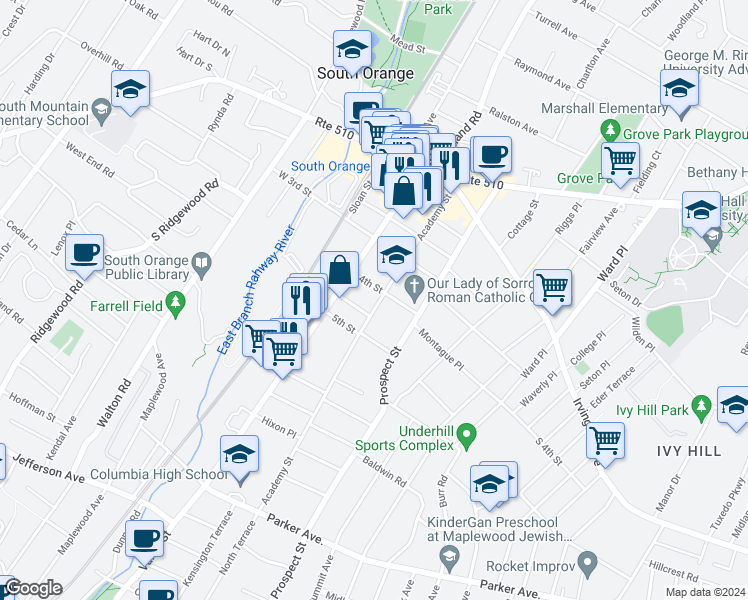 map of restaurants, bars, coffee shops, grocery stores, and more near 209 Academy Street in South Orange