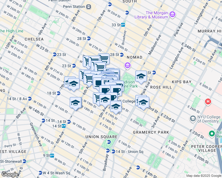map of restaurants, bars, coffee shops, grocery stores, and more near in New York