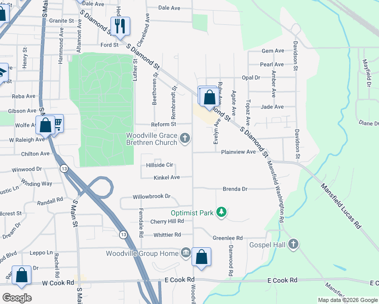 map of restaurants, bars, coffee shops, grocery stores, and more near 600 Woodville Road in Mansfield