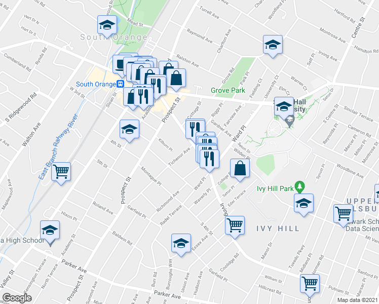 map of restaurants, bars, coffee shops, grocery stores, and more near 152 Tichenor Avenue in South Orange