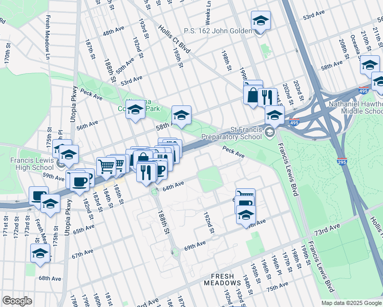 map of restaurants, bars, coffee shops, grocery stores, and more near 193-4 Horace Harding Expressway in Queens