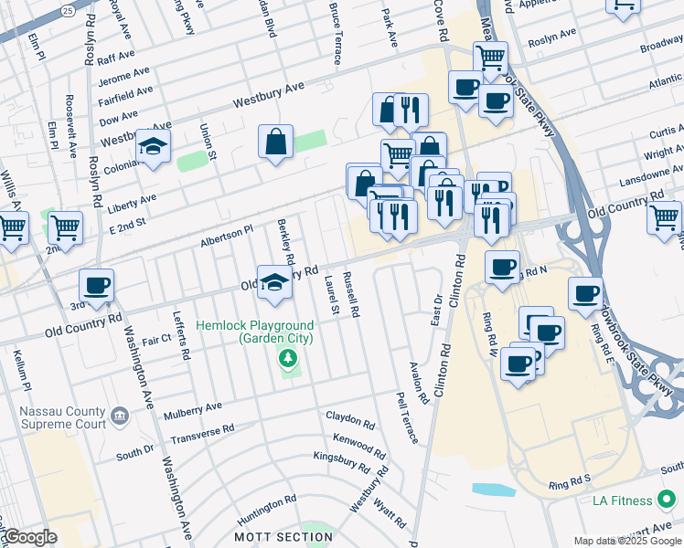 map of restaurants, bars, coffee shops, grocery stores, and more near 90 Russell Road in Garden City