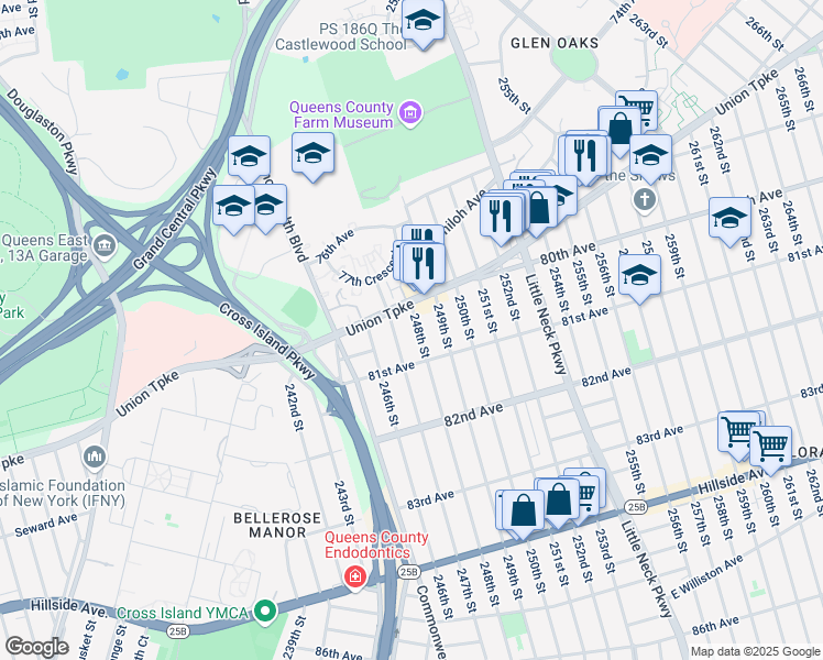 map of restaurants, bars, coffee shops, grocery stores, and more near 80-24 248th Street in Queens