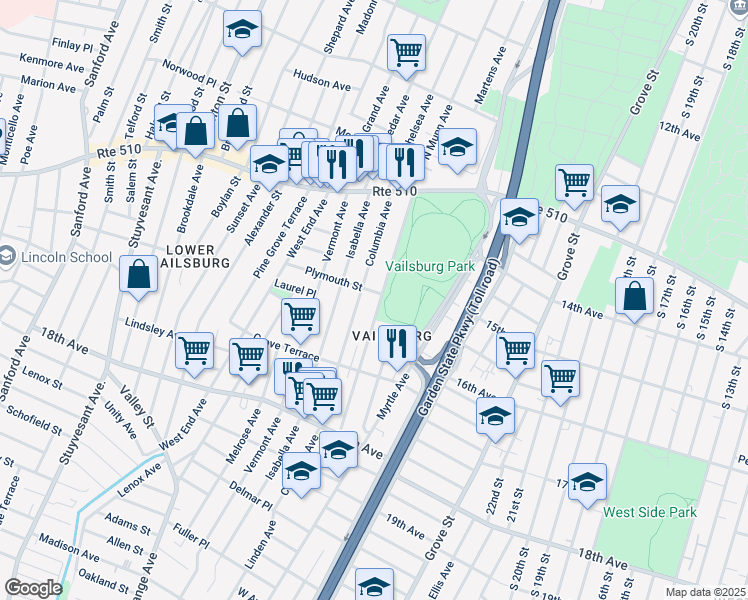 map of restaurants, bars, coffee shops, grocery stores, and more near 102 Columbia Avenue in Newark