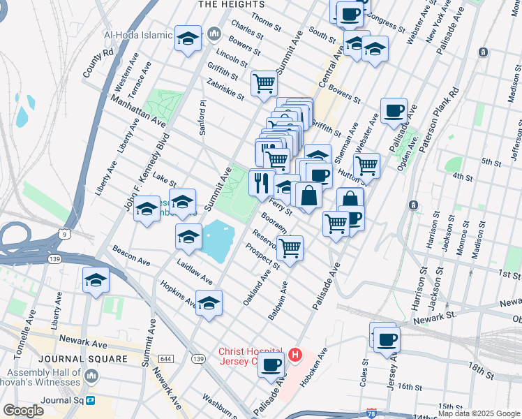 map of restaurants, bars, coffee shops, grocery stores, and more near 202 Central Avenue in Jersey City