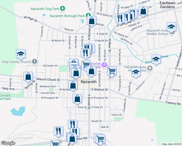 map of restaurants, bars, coffee shops, grocery stores, and more near 33 South Broad Street in Nazareth