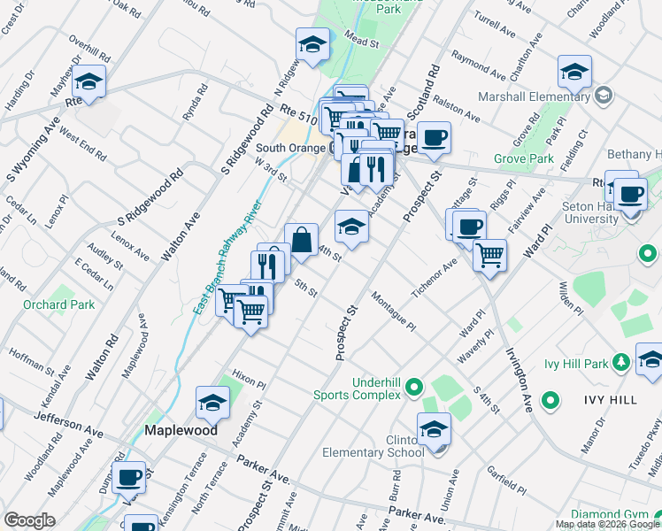 map of restaurants, bars, coffee shops, grocery stores, and more near 209 Academy Street in South Orange