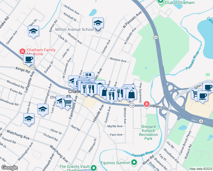 map of restaurants, bars, coffee shops, grocery stores, and more near 25 North Hillside Avenue in Chatham