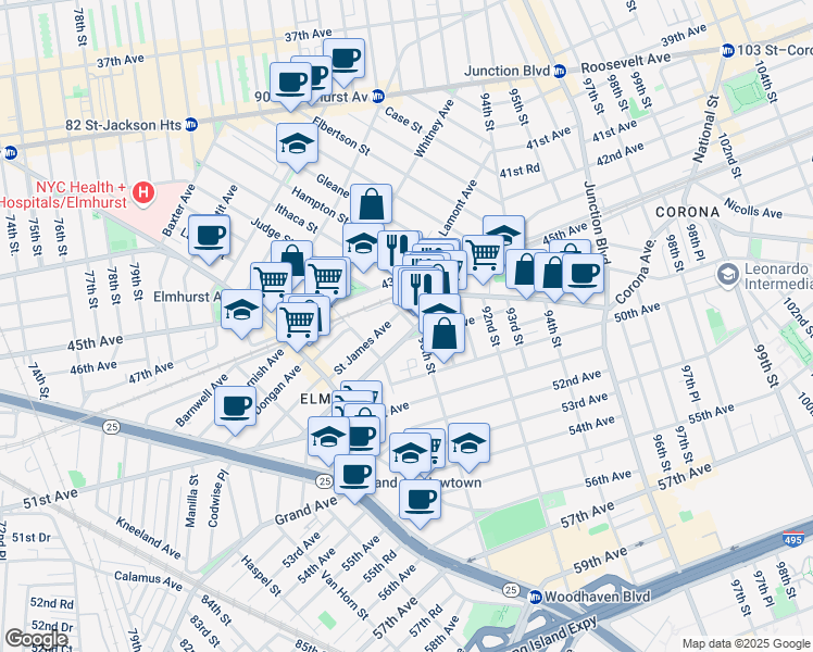 map of restaurants, bars, coffee shops, grocery stores, and more near 9031 Corona Avenue in Queens