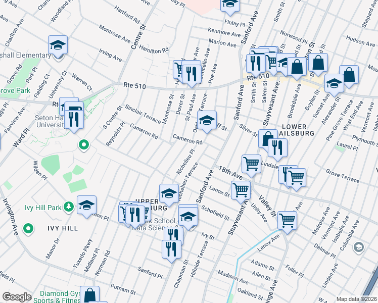 map of restaurants, bars, coffee shops, grocery stores, and more near 21 Richelieu Place in Newark