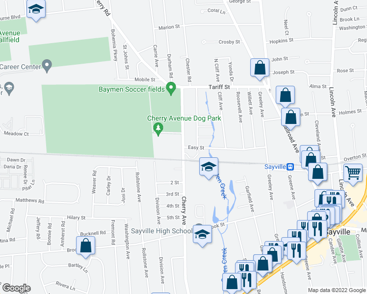 map of restaurants, bars, coffee shops, grocery stores, and more near 142 Easy Street in West Sayville
