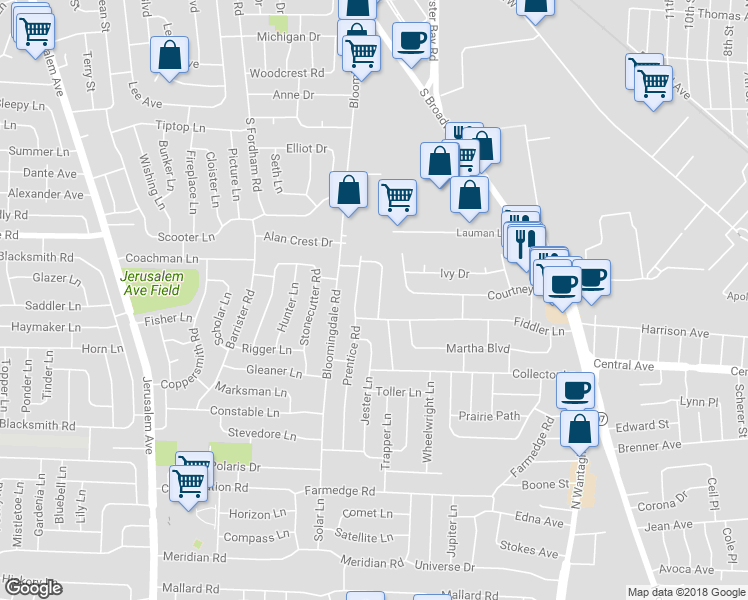 map of restaurants, bars, coffee shops, grocery stores, and more near 34 Teamster Lane in Levittown