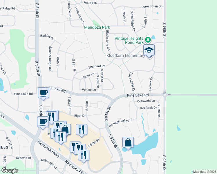 map of restaurants, bars, coffee shops, grocery stores, and more near 9120 Chalk Hill Drive in Lincoln