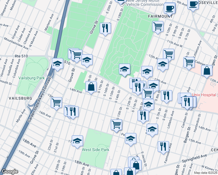 map of restaurants, bars, coffee shops, grocery stores, and more near 398 South 15th Street in Newark