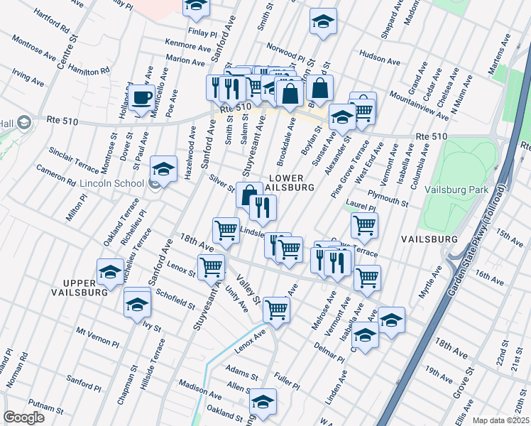 map of restaurants, bars, coffee shops, grocery stores, and more near 145 Brookdale Avenue in Newark