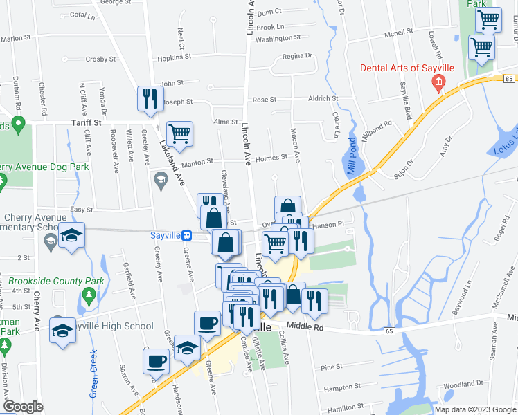 map of restaurants, bars, coffee shops, grocery stores, and more near 115 Lincoln Avenue in Sayville