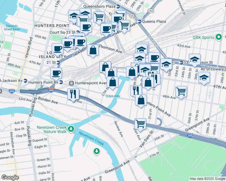 map of restaurants, bars, coffee shops, grocery stores, and more near 27-11 49th Avenue in Queens