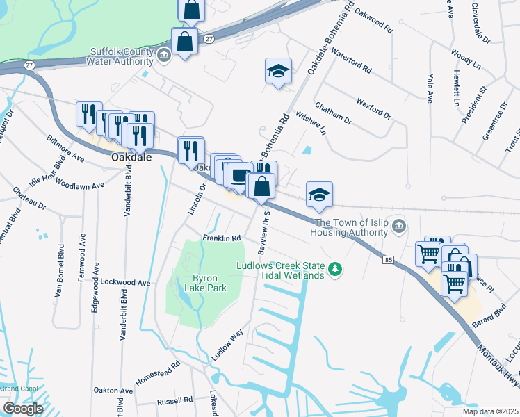 map of restaurants, bars, coffee shops, grocery stores, and more near 1244 Montauk Highway in Oakdale