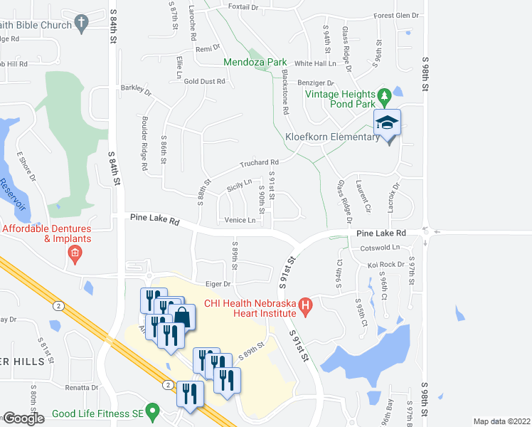map of restaurants, bars, coffee shops, grocery stores, and more near 6900 South 90th Street in Lincoln