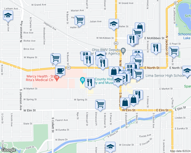 map of restaurants, bars, coffee shops, grocery stores, and more near 200 North Washington Street in Lima