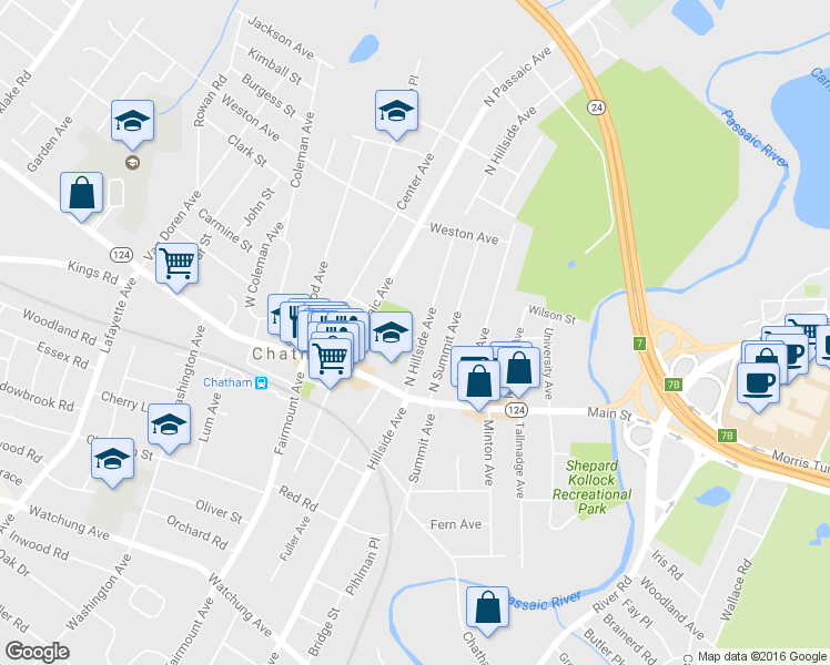 map of restaurants, bars, coffee shops, grocery stores, and more near 25 North Hillside Avenue in Chatham Township