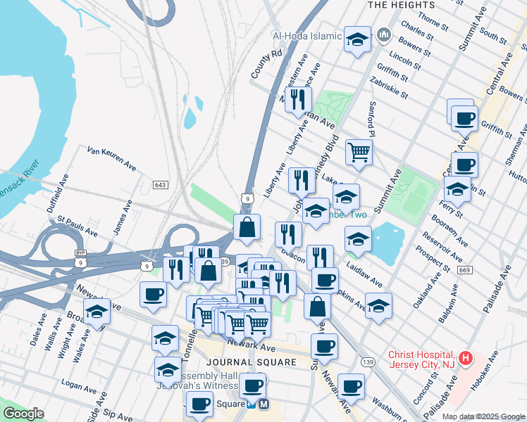 map of restaurants, bars, coffee shops, grocery stores, and more near 36 Floyd Street in Jersey City