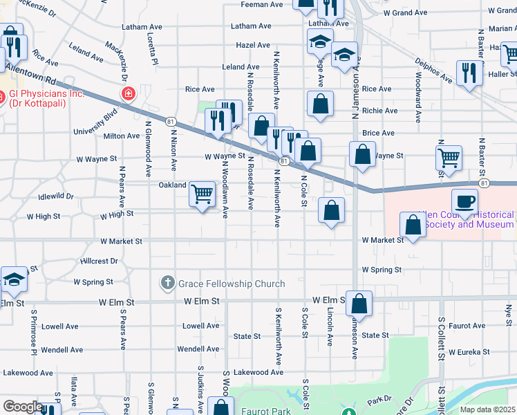 map of restaurants, bars, coffee shops, grocery stores, and more near 1314 West High Street in Lima