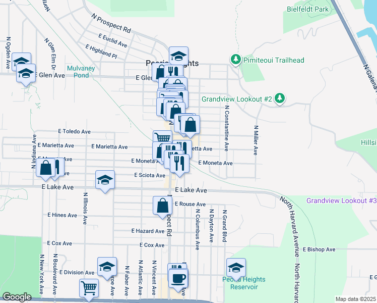 map of restaurants, bars, coffee shops, grocery stores, and more near 1324 East Marietta Avenue in Peoria Heights