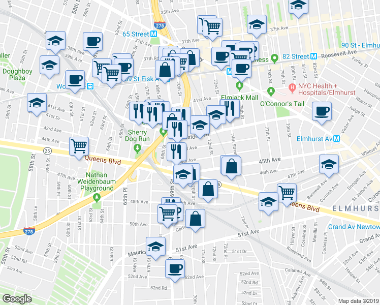 map of restaurants, bars, coffee shops, grocery stores, and more near 69-34 43rd Avenue in Queens