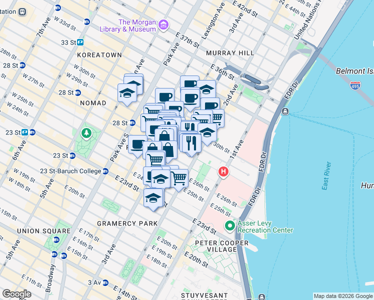 map of restaurants, bars, coffee shops, grocery stores, and more near 216 East 28th Street in New York