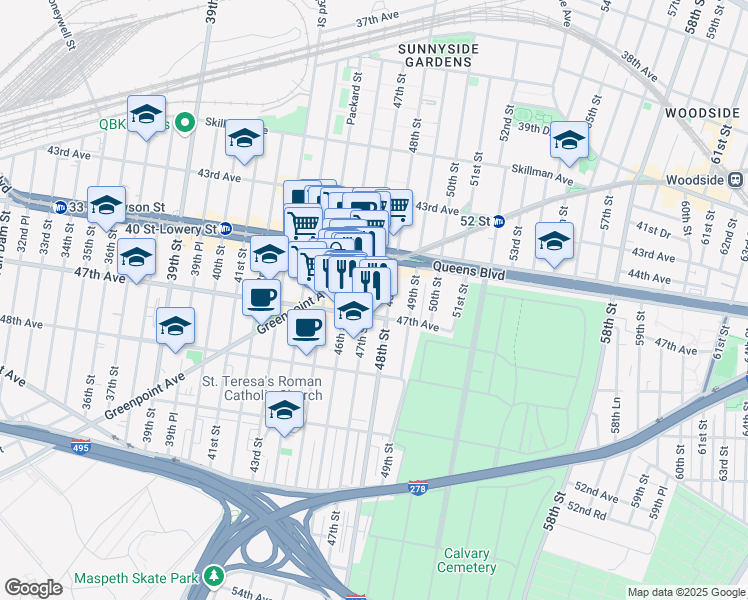 map of restaurants, bars, coffee shops, grocery stores, and more near 4529 47th Street in Queens