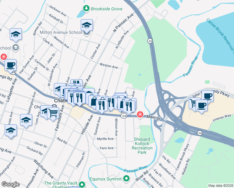 map of restaurants, bars, coffee shops, grocery stores, and more near 34 Hedges Avenue in Chatham