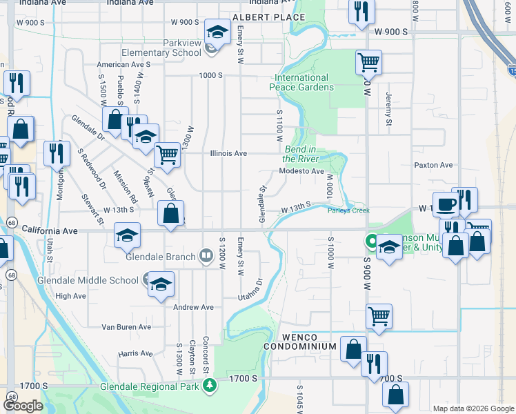 map of restaurants, bars, coffee shops, grocery stores, and more near 1258 Glendale Street in Salt Lake City