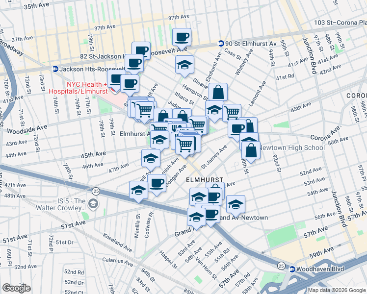 map of restaurants, bars, coffee shops, grocery stores, and more near 85-15 Whitney Avenue in Queens