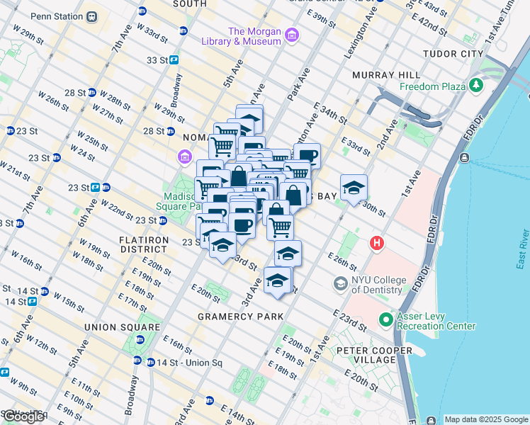 map of restaurants, bars, coffee shops, grocery stores, and more near 68 Lexington Avenue in New York