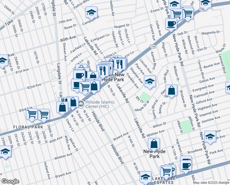 map of restaurants, bars, coffee shops, grocery stores, and more near 1046 North 7th Street in New Hyde Park
