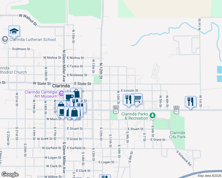 map of restaurants, bars, coffee shops, grocery stores, and more near 600 East Lincoln Street in Clarinda