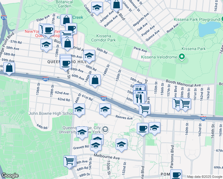 map of restaurants, bars, coffee shops, grocery stores, and more near 148-53 60th Avenue in Queens