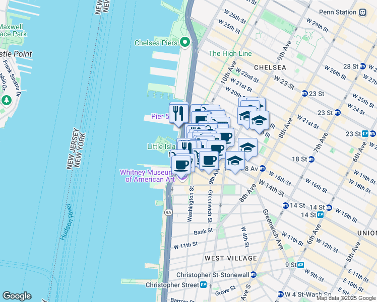 map of restaurants, bars, coffee shops, grocery stores, and more near 475 West 13th Street in New York