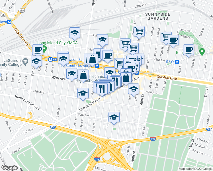 map of restaurants, bars, coffee shops, grocery stores, and more near 47th Ave & 42nd St in Queens