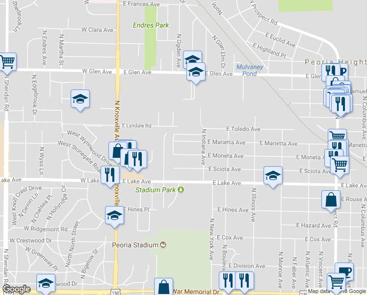 map of restaurants, bars, coffee shops, grocery stores, and more near 421 East Moneta Avenue in Peoria Heights