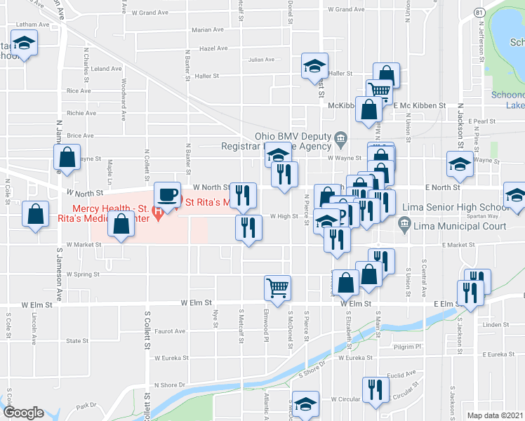 map of restaurants, bars, coffee shops, grocery stores, and more near 206 North Washington Street in Lima