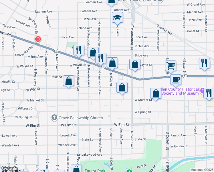 map of restaurants, bars, coffee shops, grocery stores, and more near 1210 West High Street in Lima